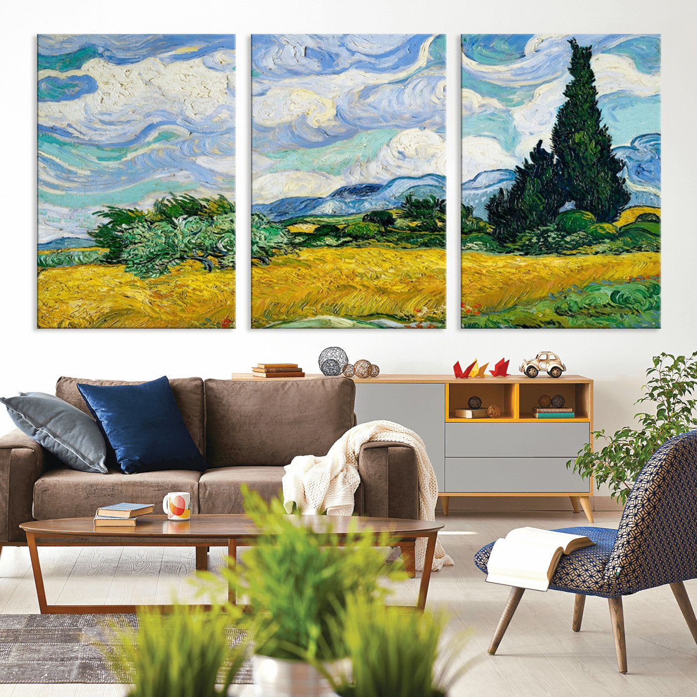 MGV-CV-60X30-3P - Wheatfield With Cypresses By Van Gogh Painting Wall Art Canvas Print