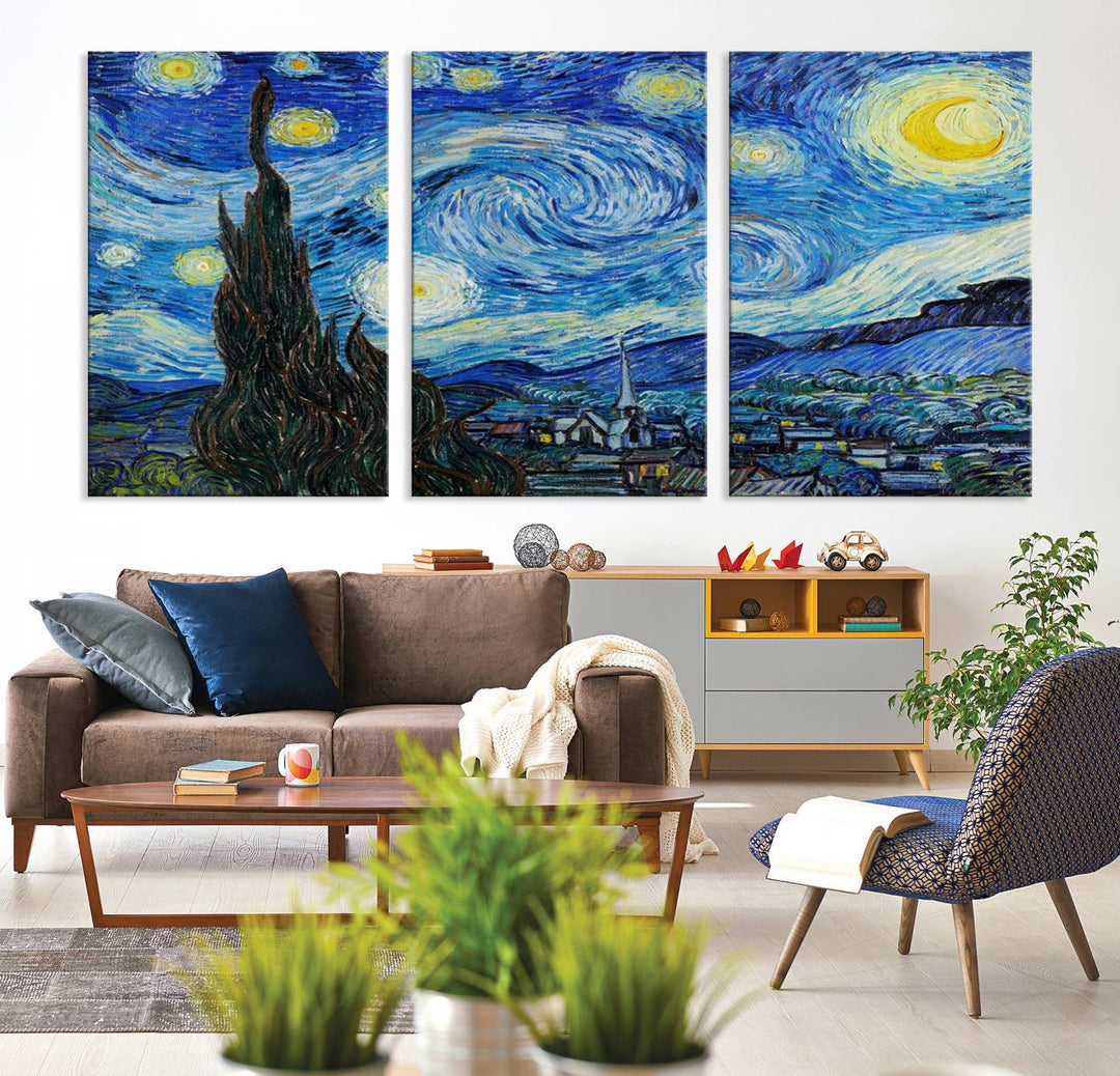 A canvas print of The Starry Night, offering museum-quality art, ready to hang.