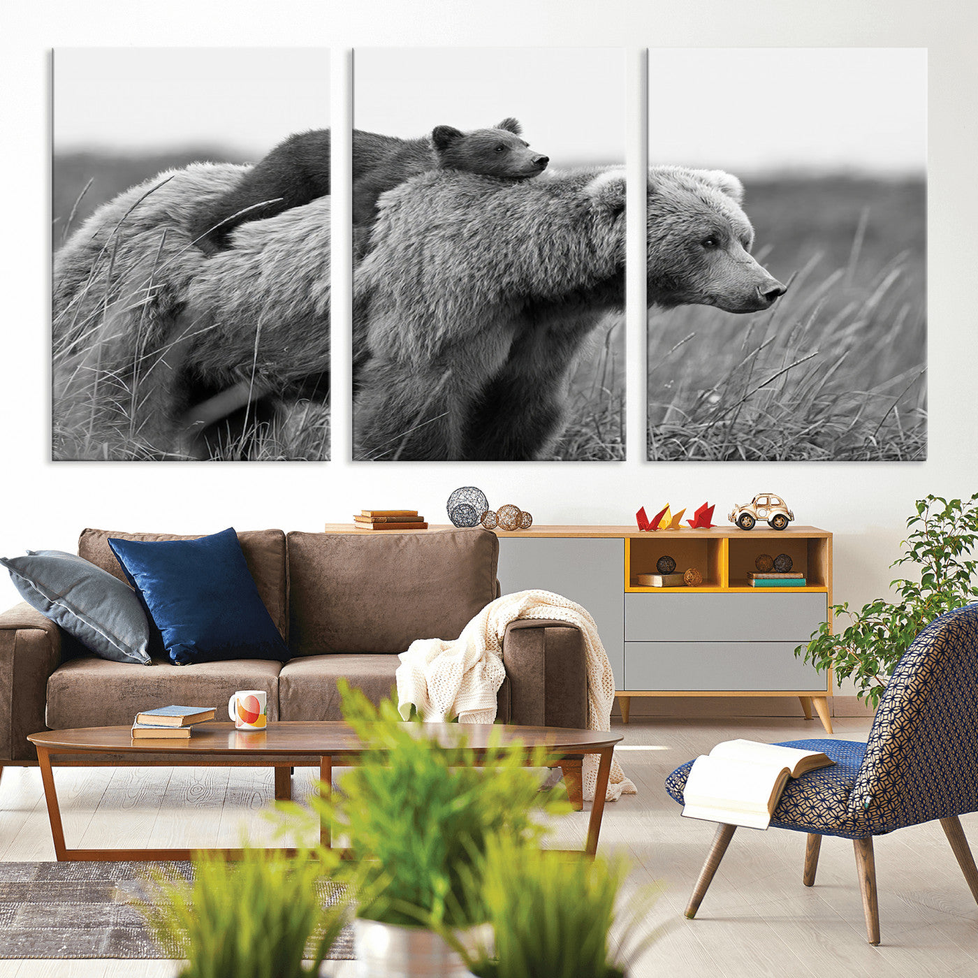 MGV-CV-60X30-3P - Bear and Cub Wall Art Canvas | 399 Bear Cub Wildlife-Inspired Animal Art for Living Room or Office | Grizzly Bear Print of Photography