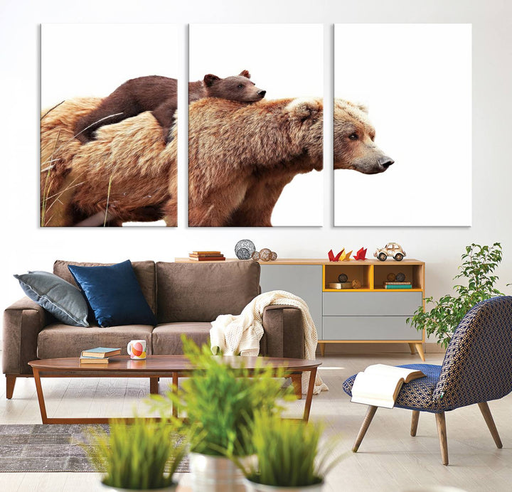 Mother and Baby Bear canvas: an adorable wildlife print displayed on a dark green wall.