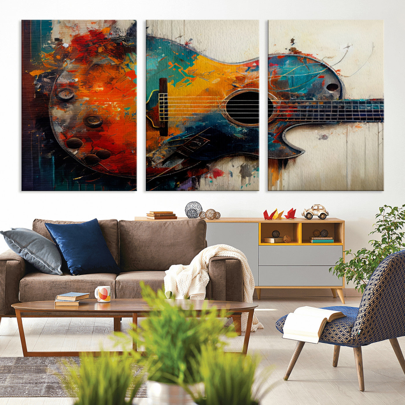 MGV-CV-60X30-3P - Abstract Guitar Wall Art Canvas | Vibrant Music-Inspired Art for Living Room or Studio | Colorful Music Decor Canvas Print