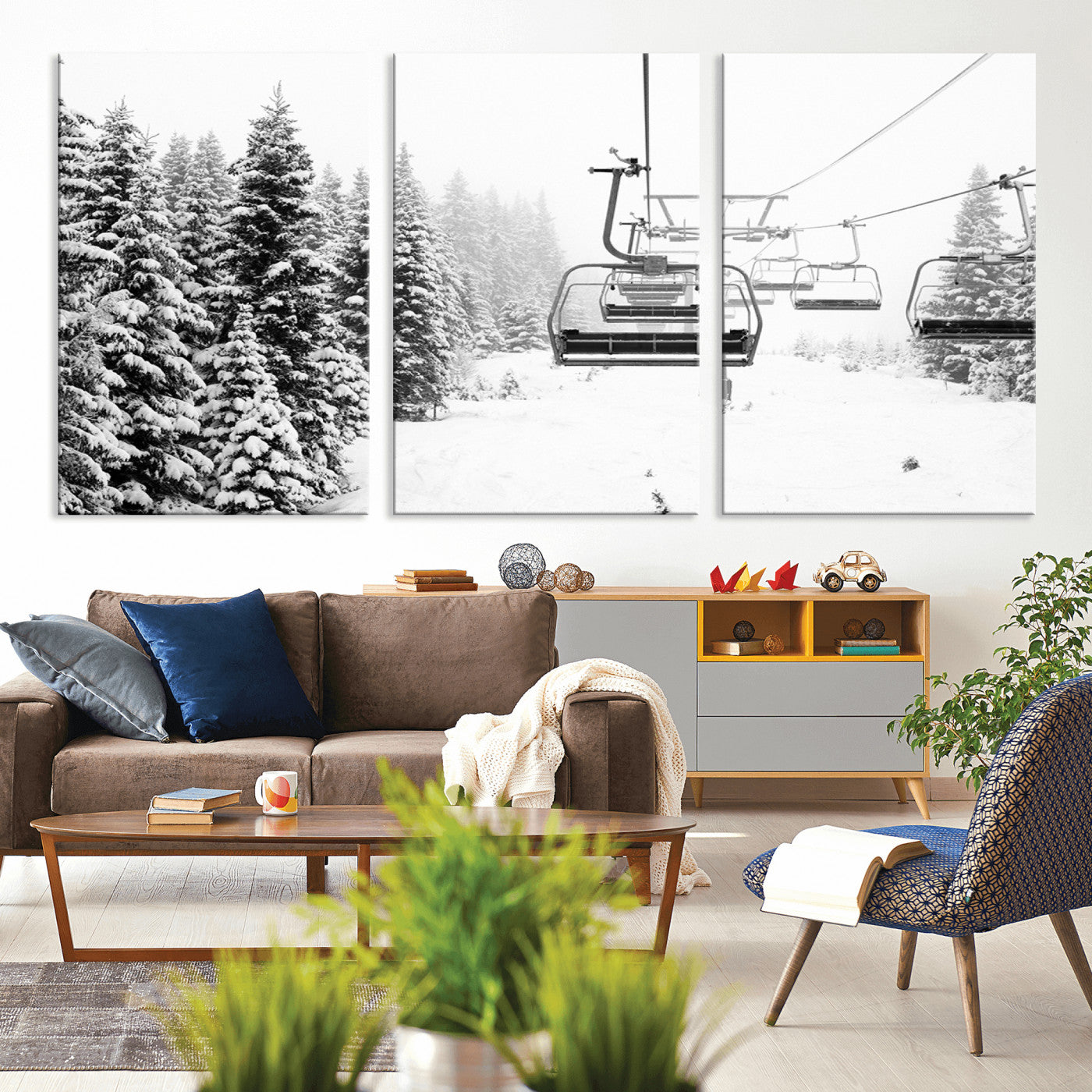 MGV-CV-60X30-3P - Ski Wall Art - Ski Lift Wall Art Canvas Print Snow Covered Spruce Trees Winter Wall Art Ski Skier Gift Ski Resort Canvas Wall Art