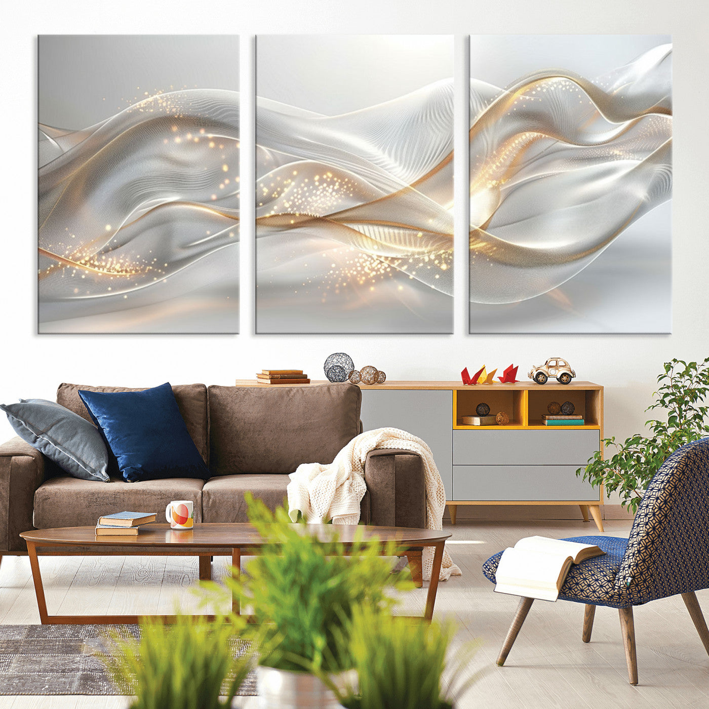 -Abstract art Grey and Gold Lines Wall Art