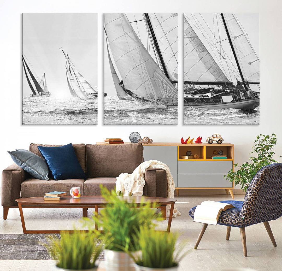 Yacht Sailboat Regatta canvas print on a textured wooden wall.