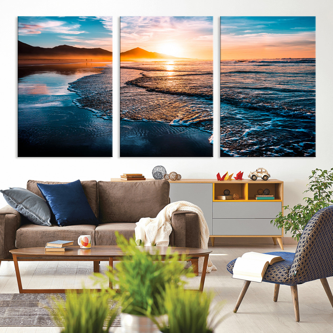 MGV-CV-60X30-3P - Beach Ocean Sunset on the Sea Wall Art Canvas, Beach Ocean Sunset Canvas Print