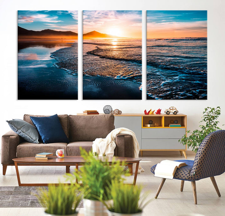 The Sunset Beach Ocean Canvas Wall Art – Tranquil Reflections at Dusk enhances the ambiance with its captivating depiction of serene ocean views at dusk.