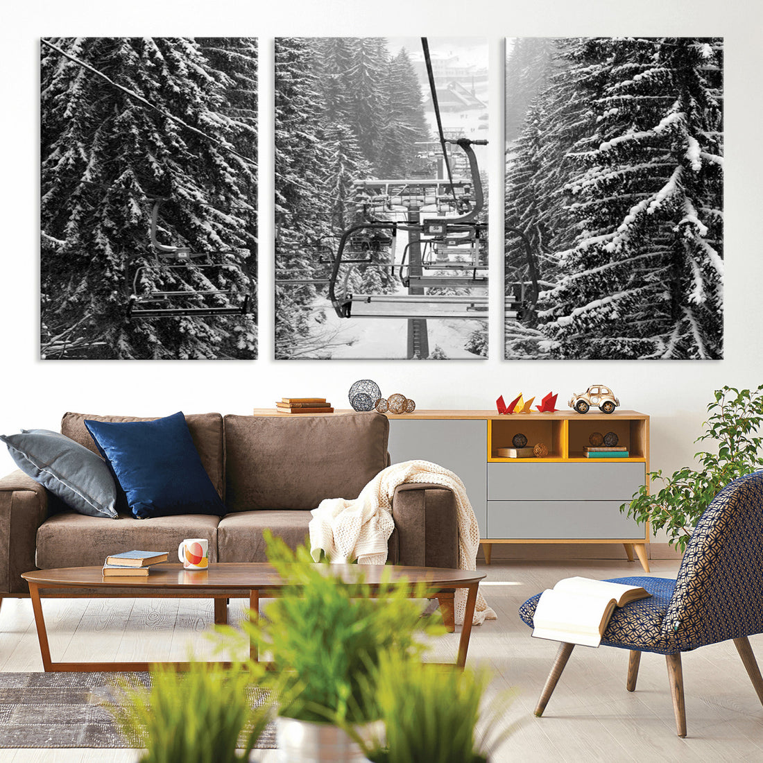Winter Ski Lift Black and White Canvas Wall Art | Alpine Escape in Minimalist Style
