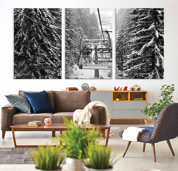 The Winter Ski Lift Canvas in minimalist style adds a unique touch to the dining room.