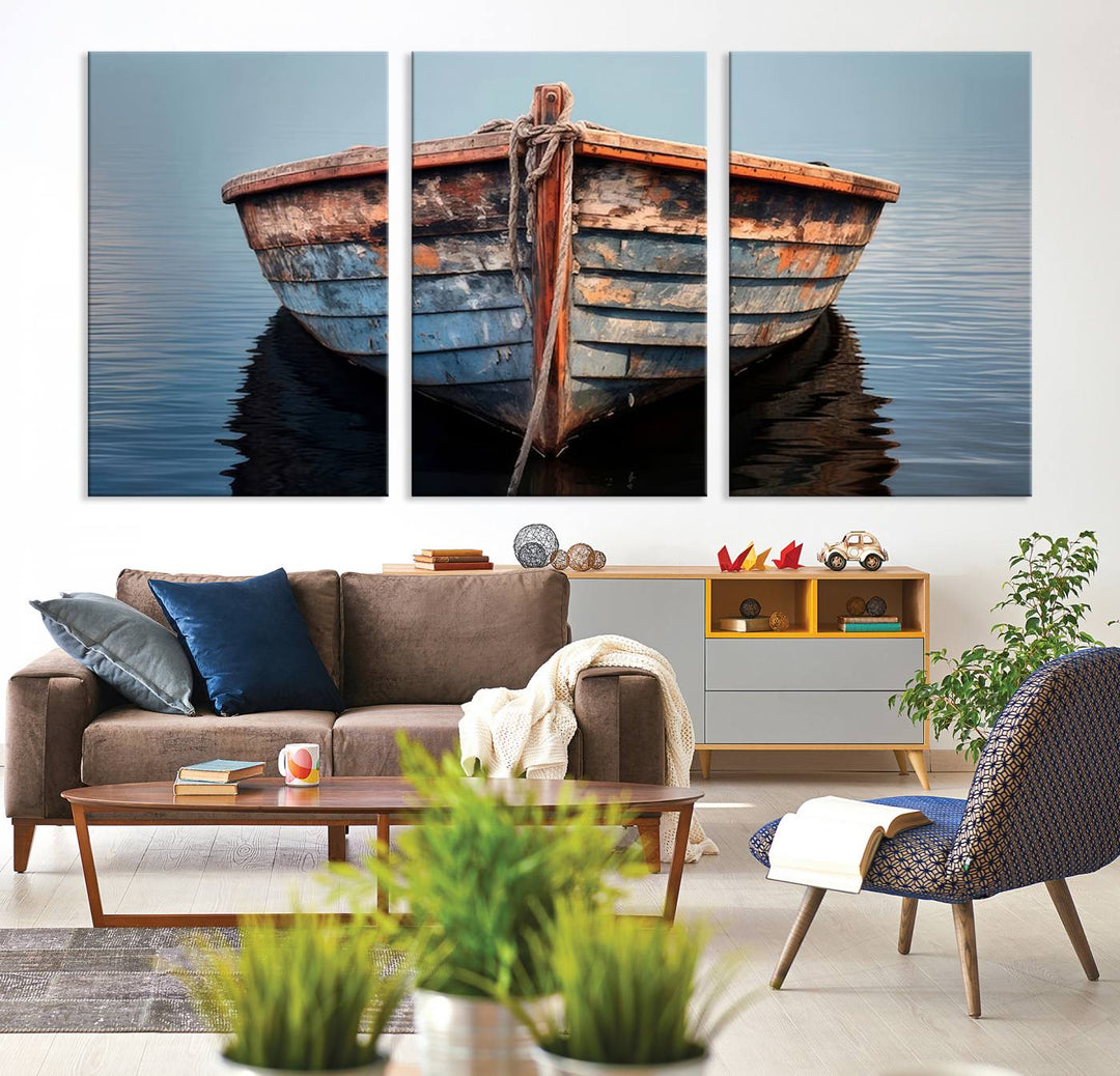 Stunning vintage boat canvas print featuring a calm water scene.