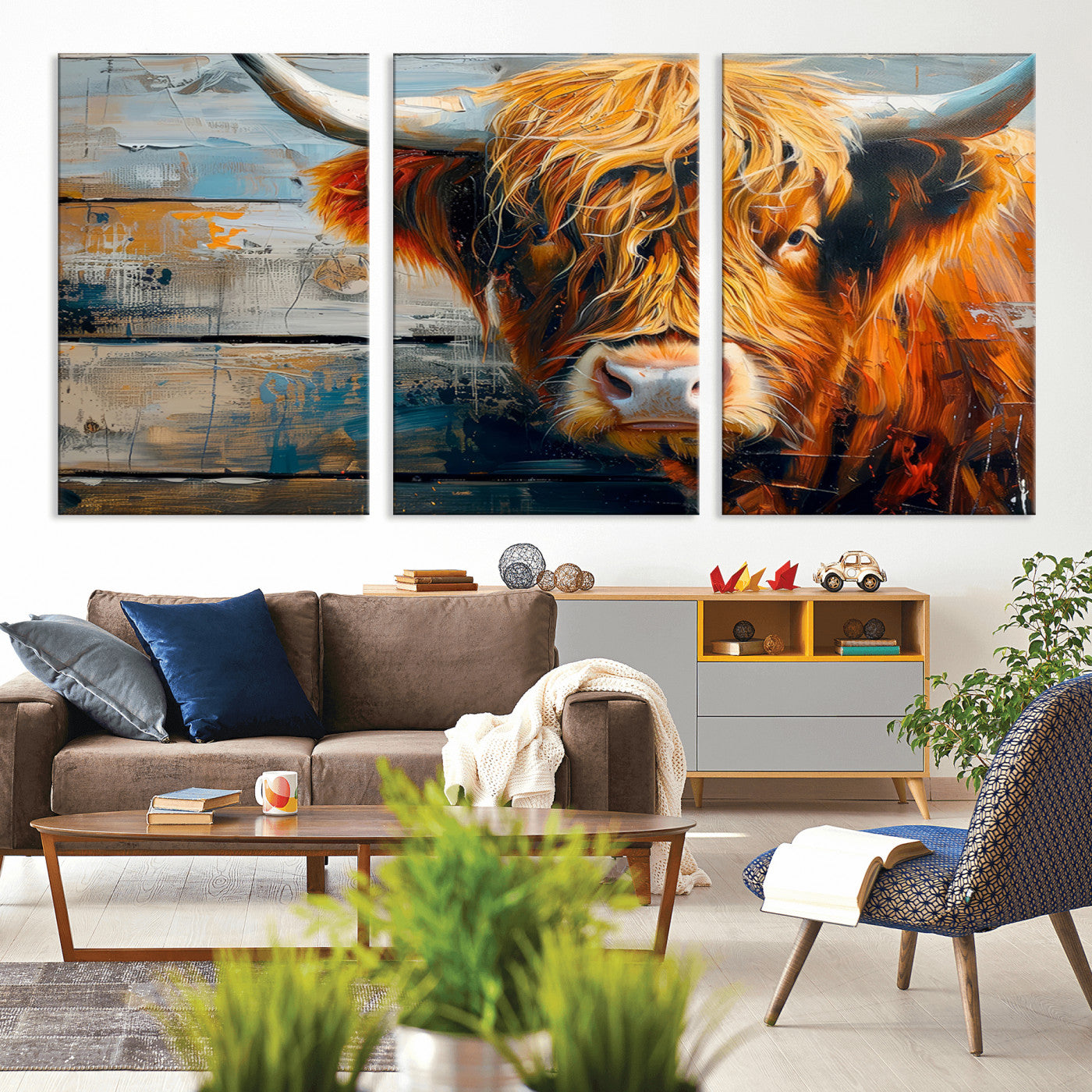 -Highland Cow Abstract Canvas Wall Art – Bold Farmhouse Rustic Decor – Ready to Hang