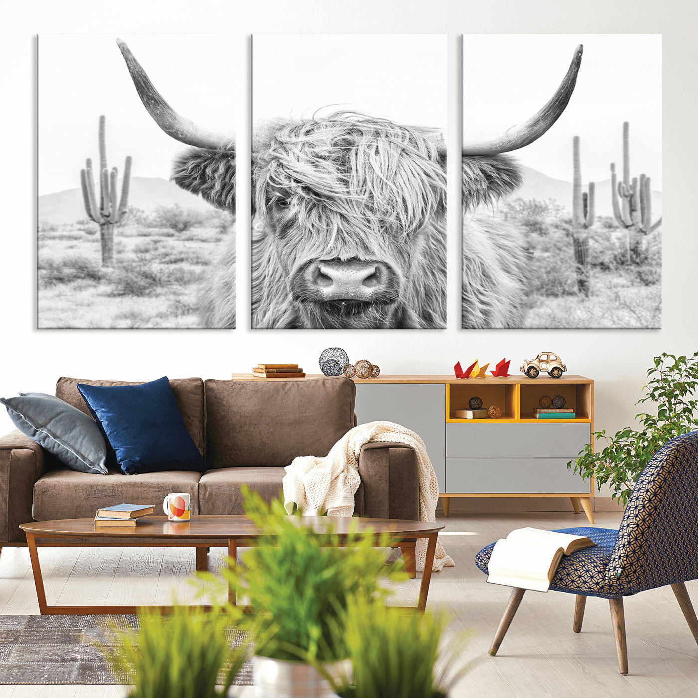 -Rustic Charm | Cow Longhorn Black White Bighorn Wall Art Canvas Print | Farmhouse Wall Art