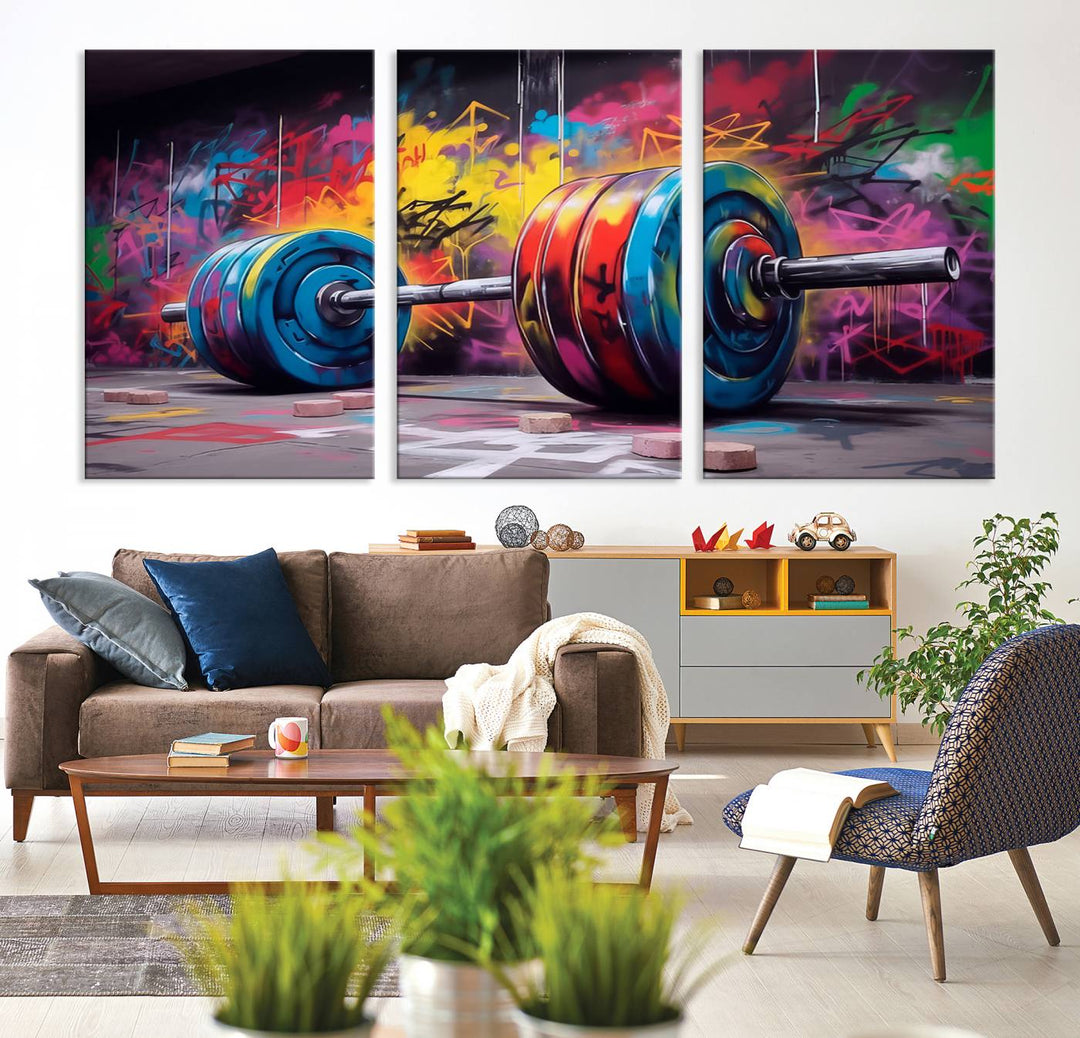 The Abstract Graffiti Barbell Canvas Wall Art is displayed on a porch.