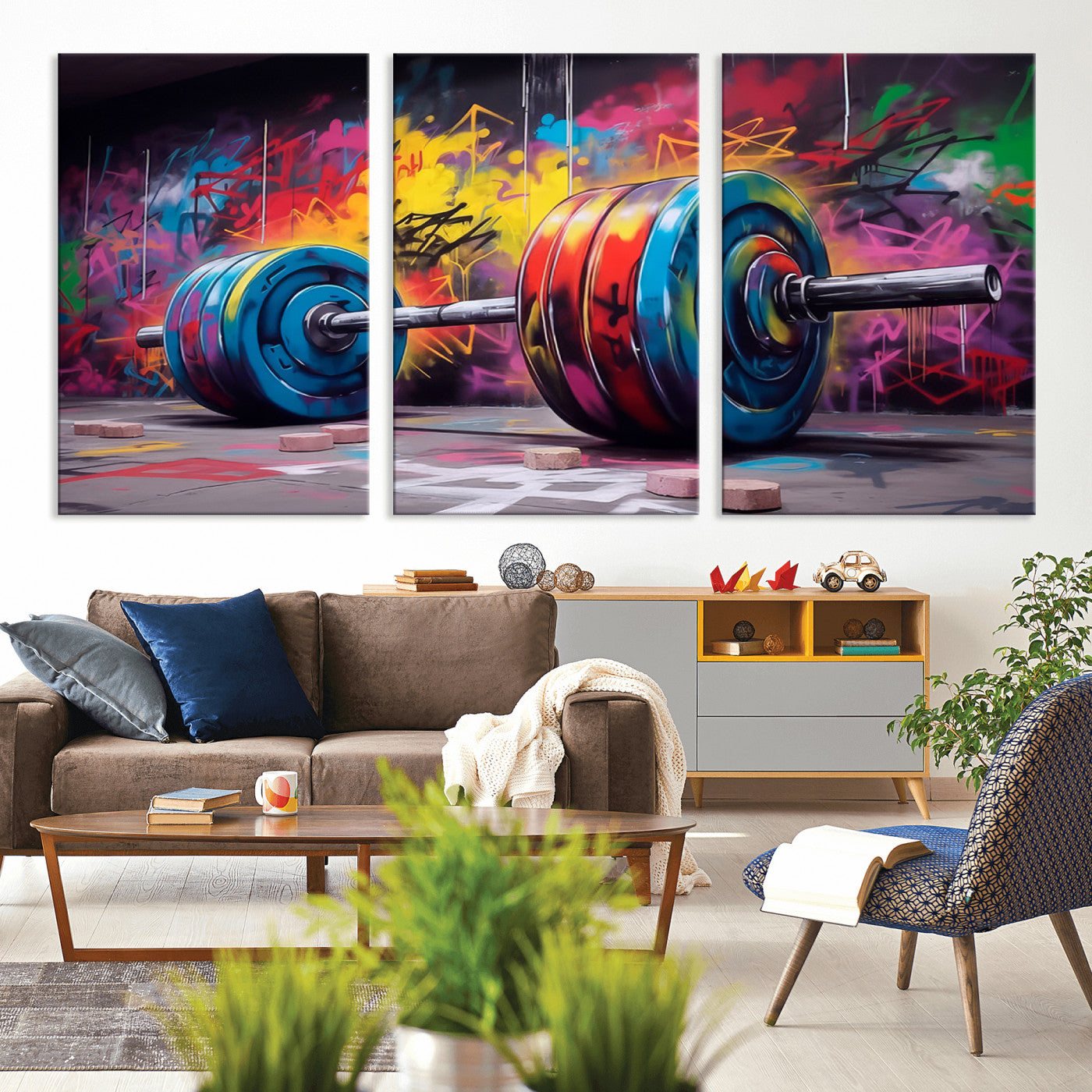 MGV-CV-60X30-3P - Abstract Graffiti Barbell Canvas Wall Art – Urban Fitness Meets Bold Street Art Print - Gym Wall Art Print