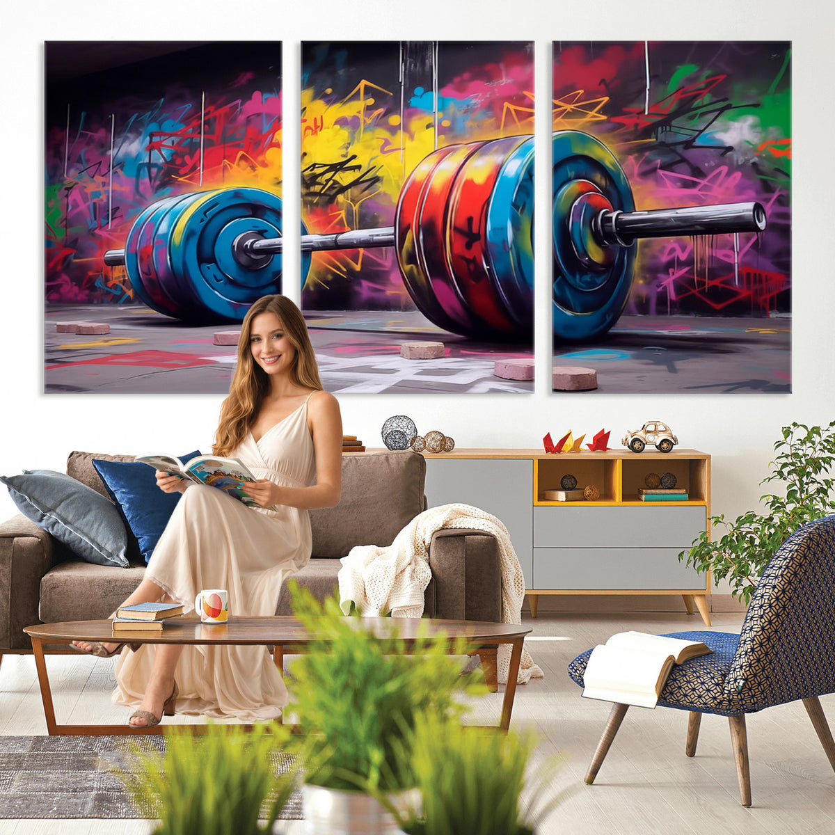 13549-MGV-CV-36X24 - Abstract Graffiti Barbell Canvas Wall Art | Urban Fitness Meets Bold Street Art