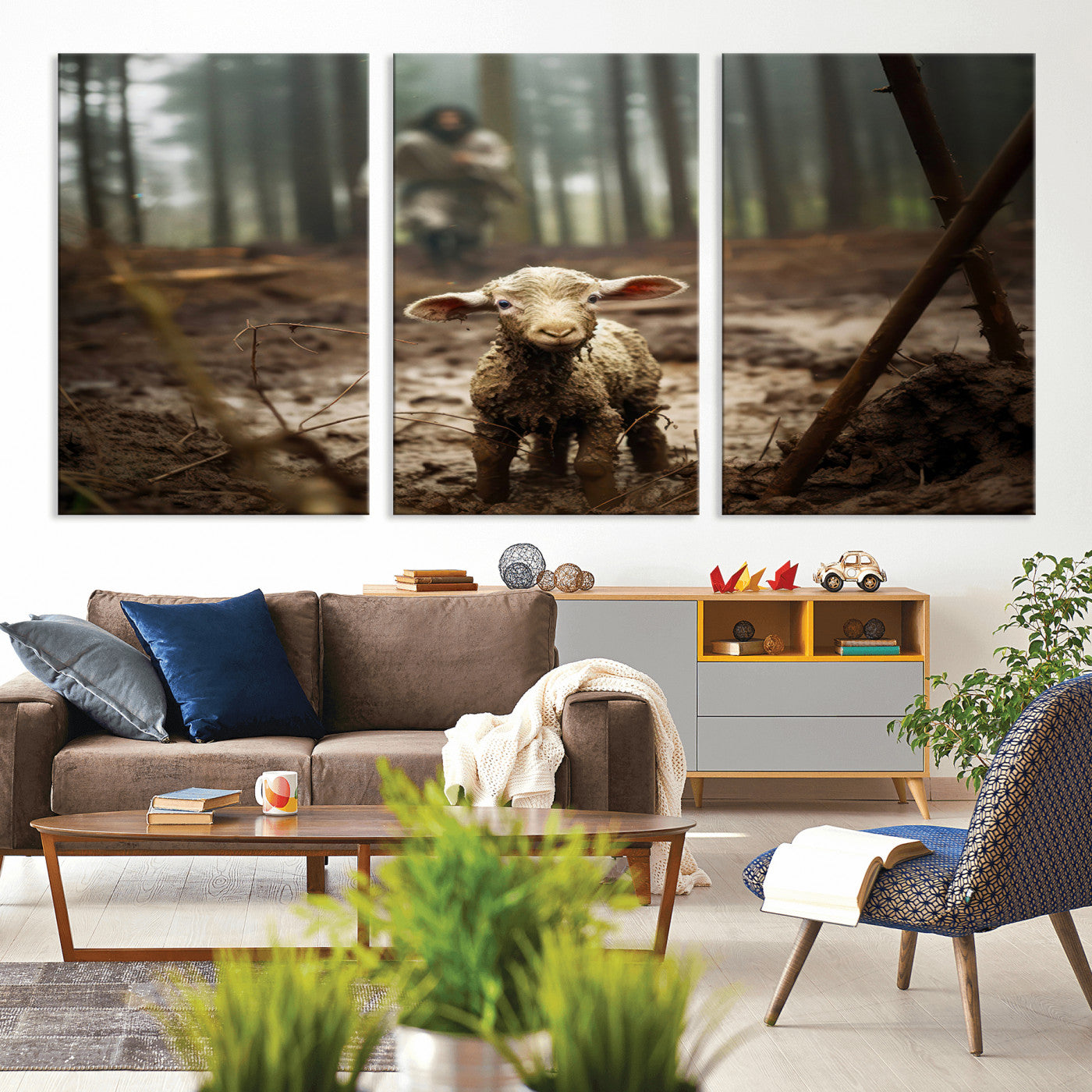 MGV-CV-60X30-3P - Jesus Lost Lamb Canvas Wall Art – Heartwarming Woodland Scene – Ready to Hang - Christian Religion