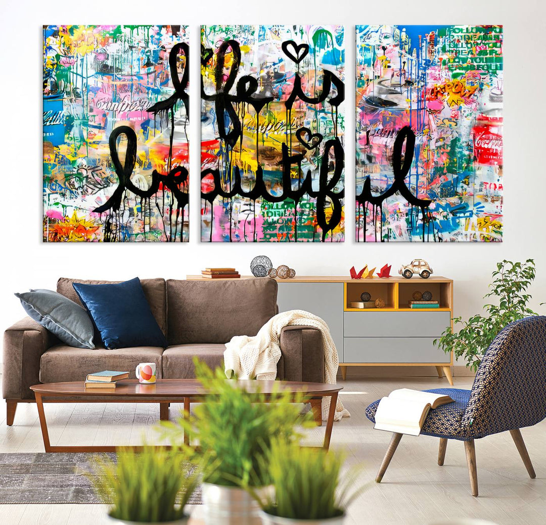 The Life Beautiful graffiti style canvas print is showcased in black script.