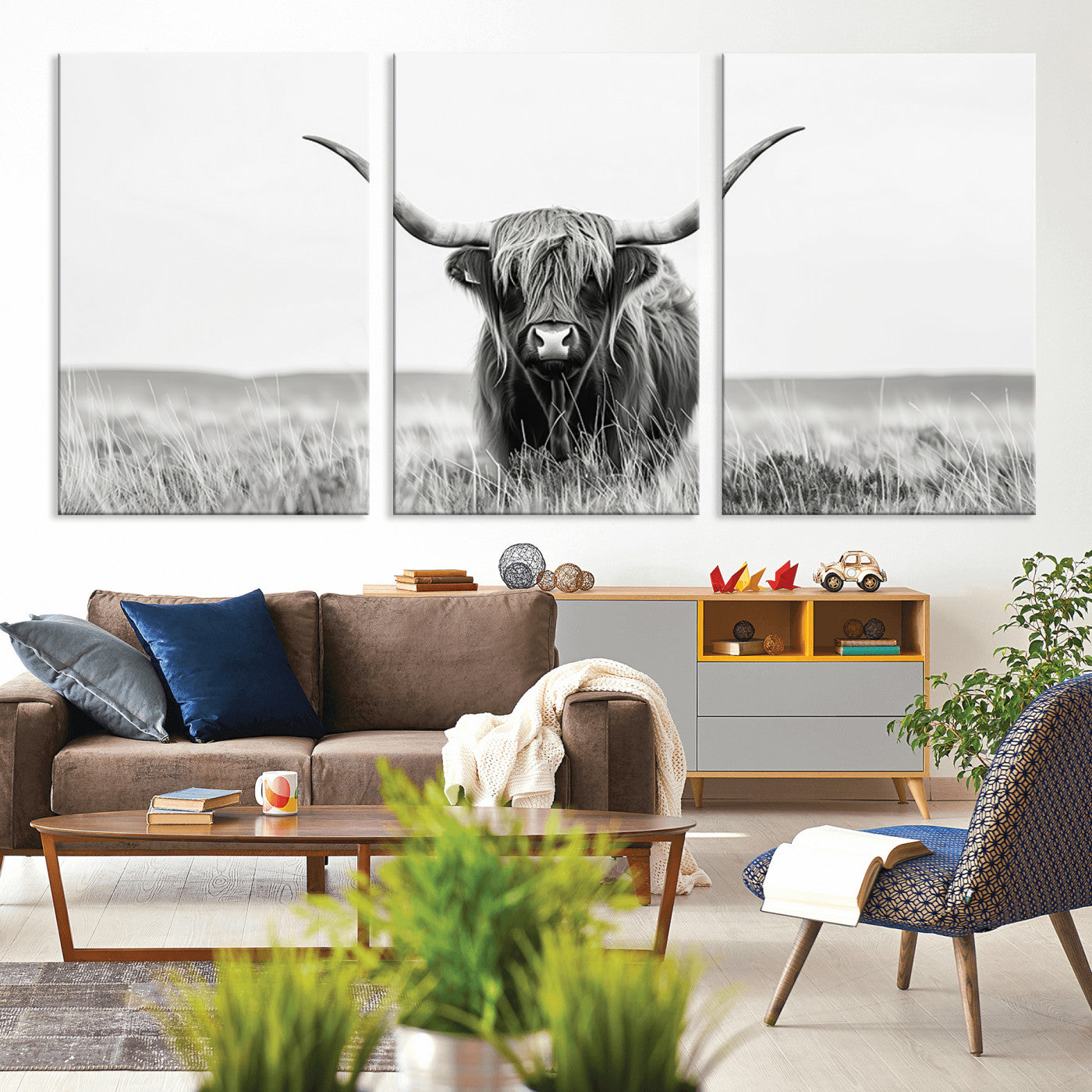 MGV-CV-60X30-3P - Highland Cow Canvas Wall Art – Majestic Beauty in Black and White – Ready to Hang