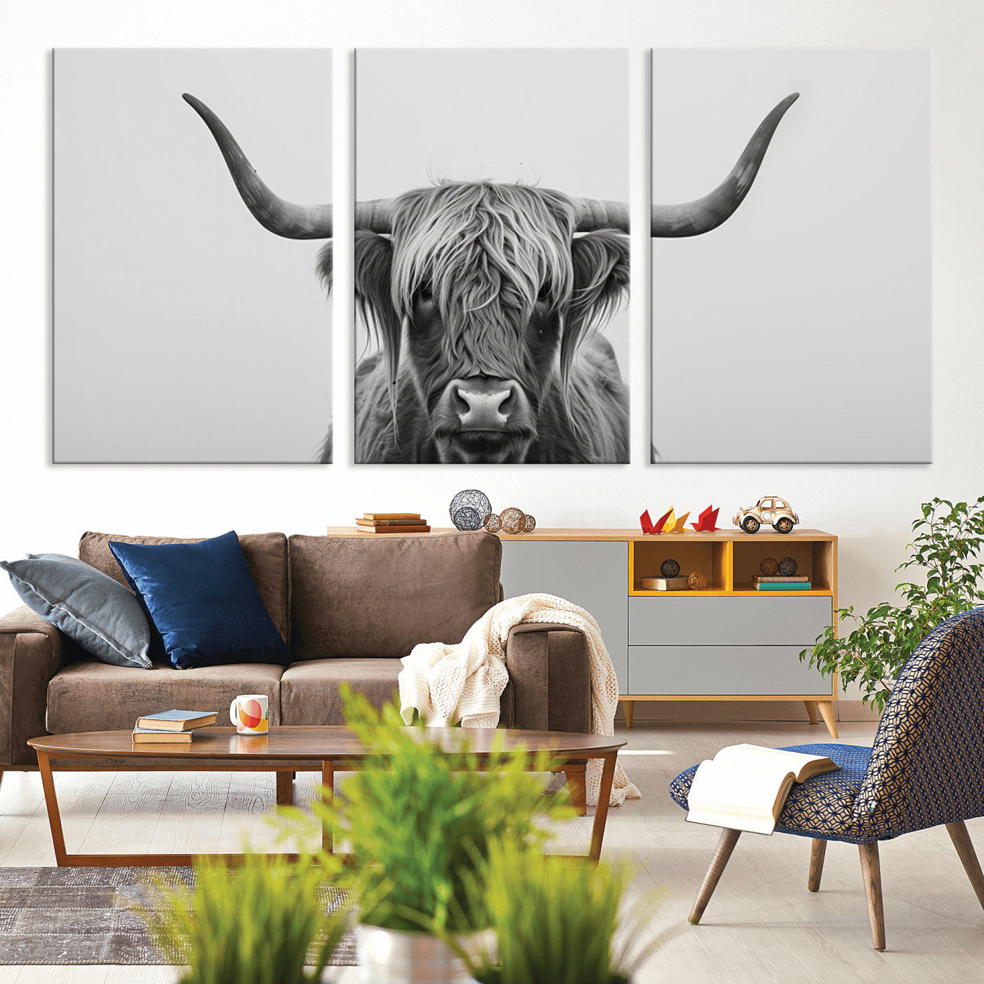 MGV-CV-60X30-3P - Farmhouse Longhorn Wall Art Canvas Print, Longhorn Texas Wall Art Canvas Print