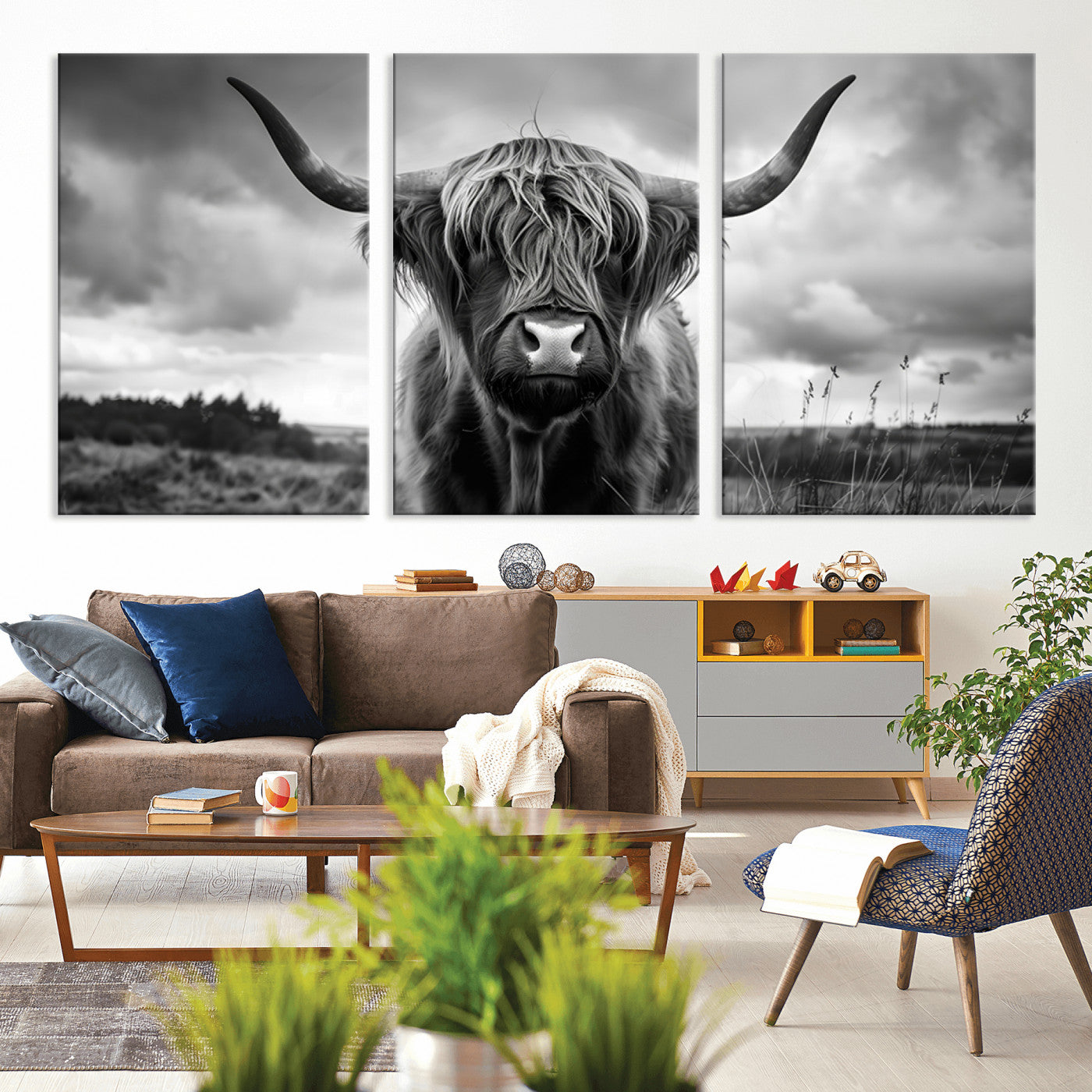 MGV-CV-60X30-3P - Scottish Cow Wall Art Canvas Print | Longhorn Wall Art | Bighorn Animal Wall Art