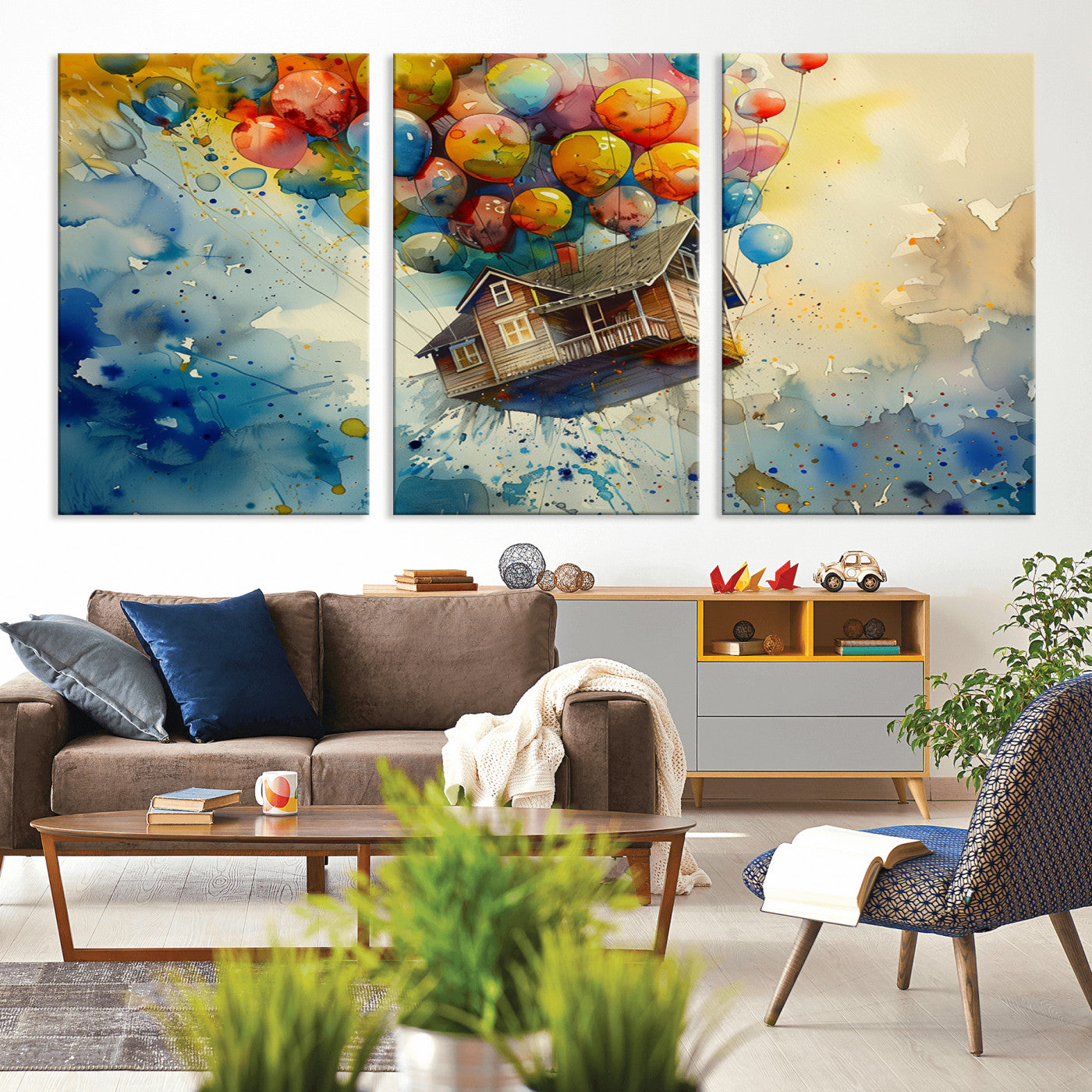 MGV-CV-60X30-3P - UP-Inspired Floating House with Balloons Canvas Art – Colorful 3-Panel Wall Decor for Living Room,