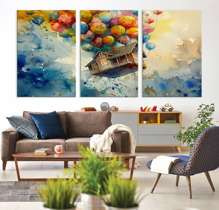 UP-Inspired Floating House with Balloons Triptych Canvas Art – Colorful 3-Panel Wall Decor for Living Room, Office, or Nursery