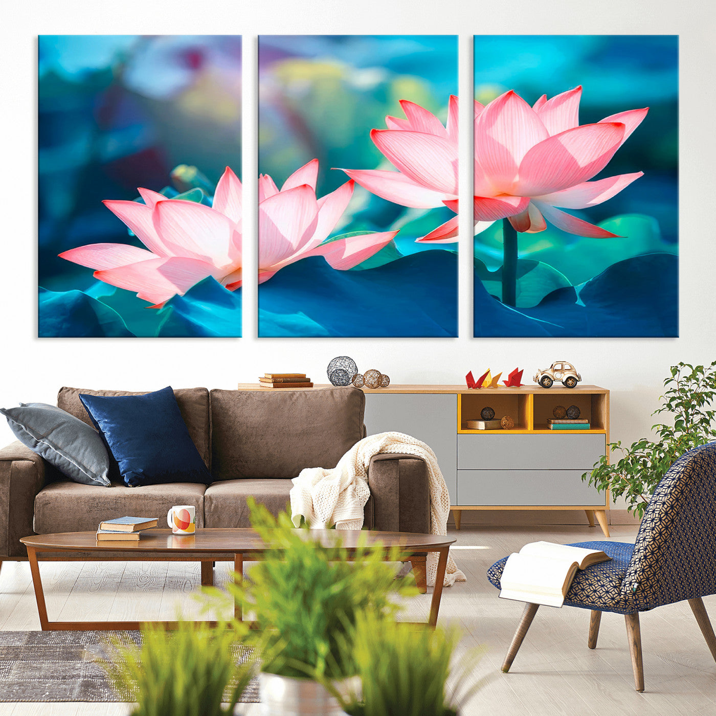 MGV-CV-60X30-3P - Pink Lotus Flower Canvas Wall Art | Vibrant Floral Wall Decor for Living Room, Office, or Bedroom | Large Botanical Art