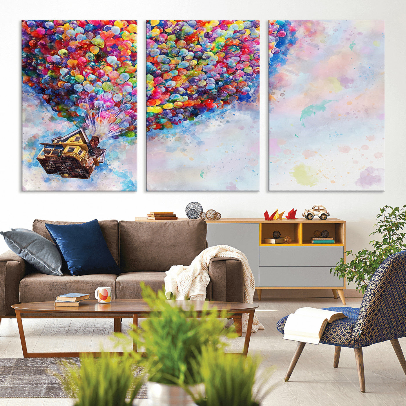 MGV-CV-60X30-3P - Don't Look Up Movie Canvas Wall Art - Vibrant Floating House and Balloons Scene, Tribute to Iconic