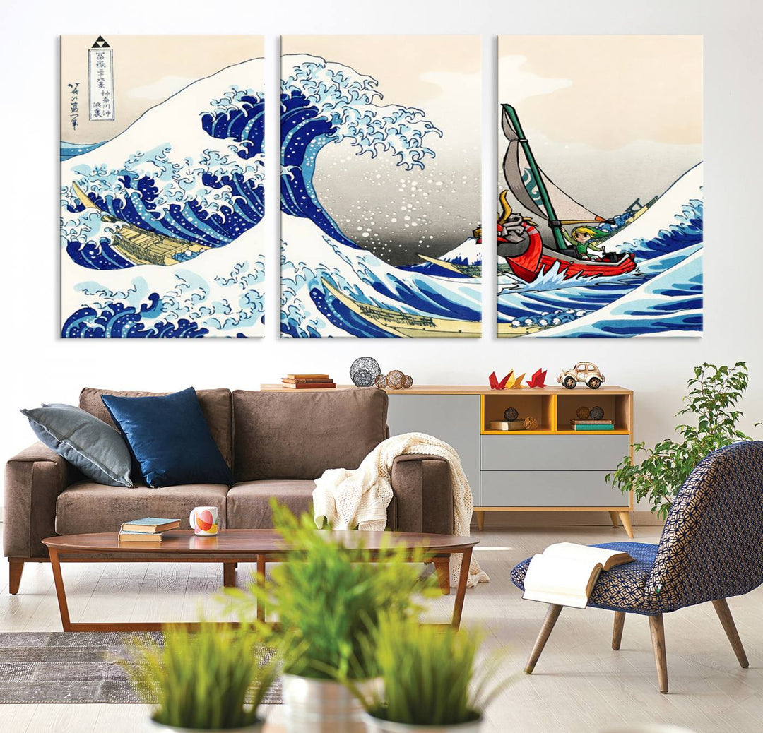 The Katsushika Hokusai Kanagawa Giant Wave Canvas print captures a vibrant sailing scene.