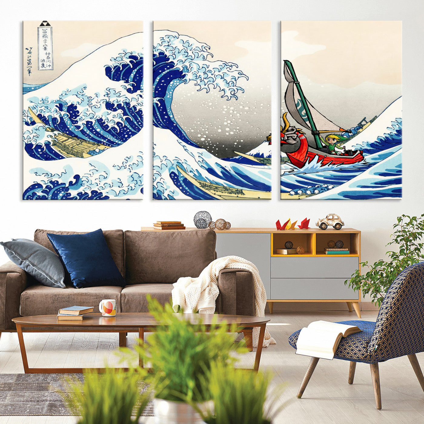 MGV-CV-60X30-3P - Katsushika Hokusai Kanagawa Giant Wave Wall Art Canvas Print | Iconic Japanese Art for Living Room