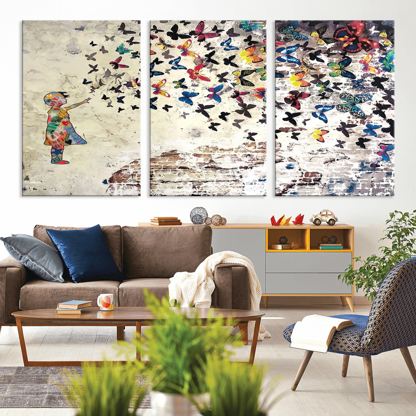 MGV-CV-60X30-3P - Banksy Wall Art - Banksy Girl Butterfly Graffiti Wall Art Canvas Print - Butterfly Girl and Freedom Flight - Vibrant Street Art Print