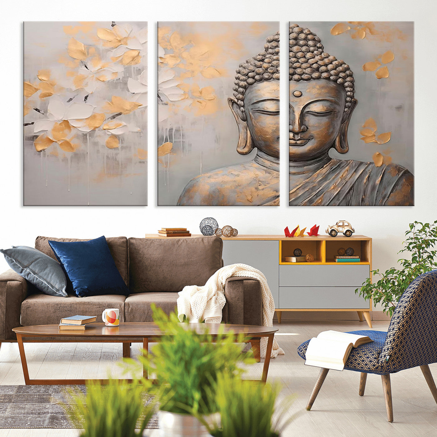 MGV-CV-60X30-3P - Abstract Buddha Statue Wall Art Canvas Print - Modern Meditation Decor for Living Room, Office, Yoga Studio Decor