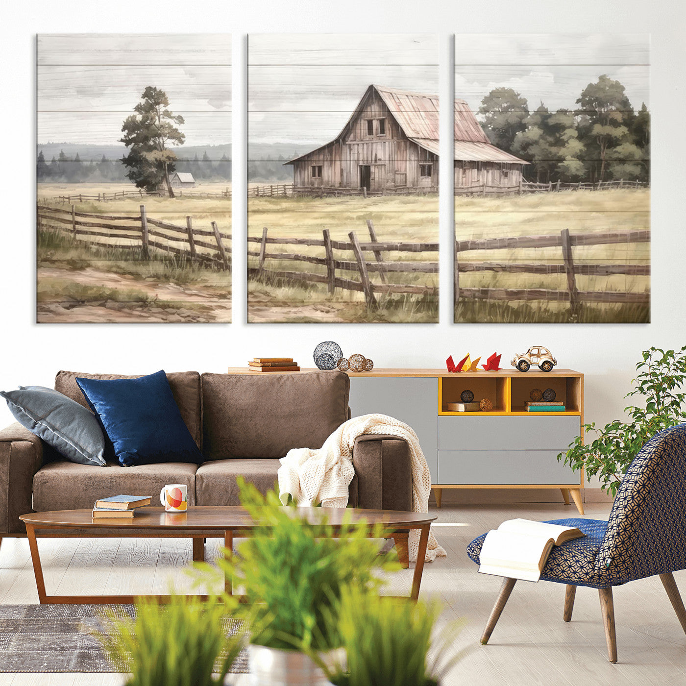 MGV-CV-60X30-3P - Rustic Farmhouse Barn Wall Art | 3-Panel Framed Gallery Wrap Giclee Canvas Print for Living Room, Farmhouse, or Office | Country Landscape Wall Art
