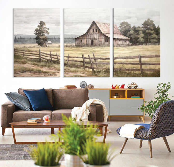 The wall is adorned with a Rustic Farmhouse Barn Wall Art.