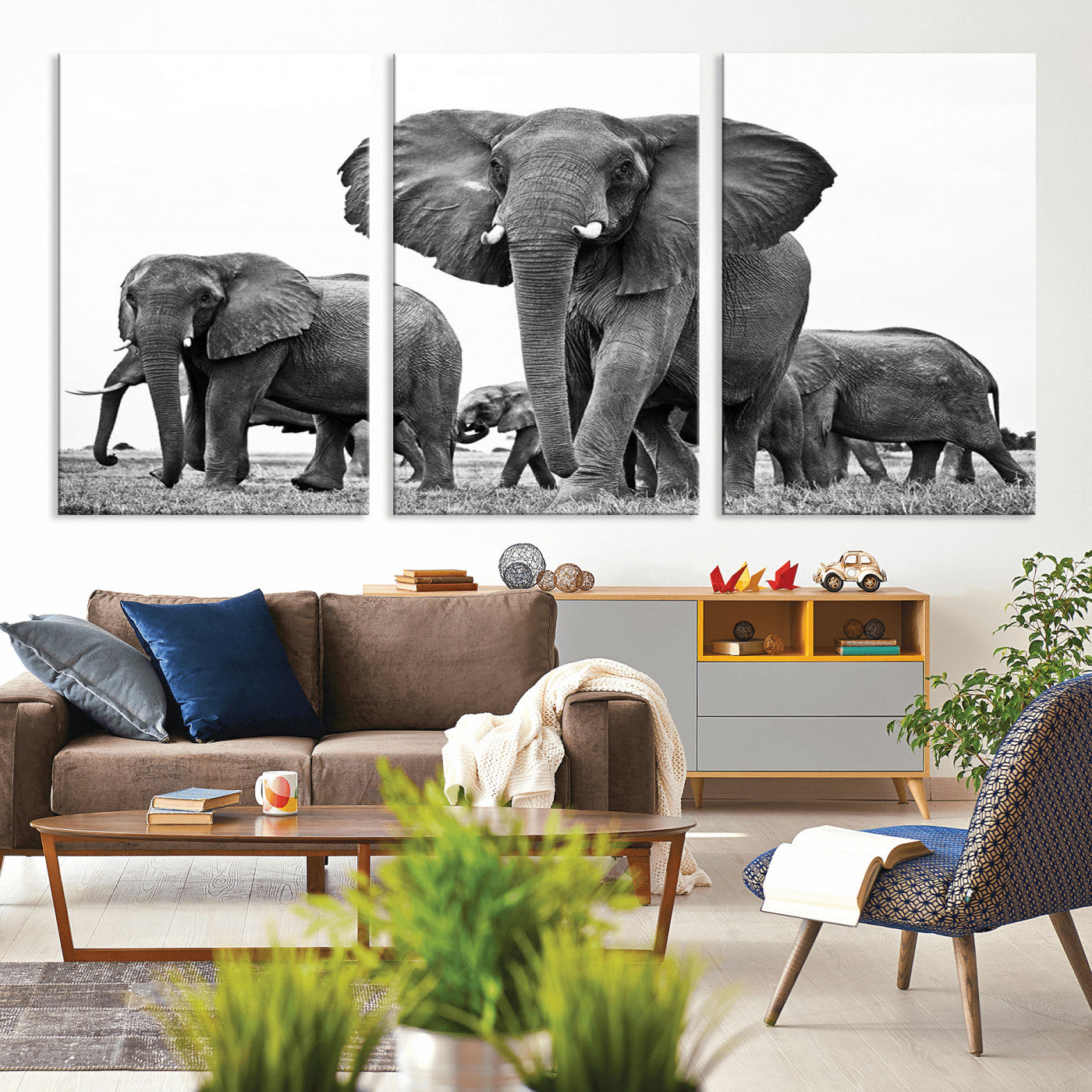 MGV-CV-60X30-3P - Black White Elephant Family Wall Art Canvas Print