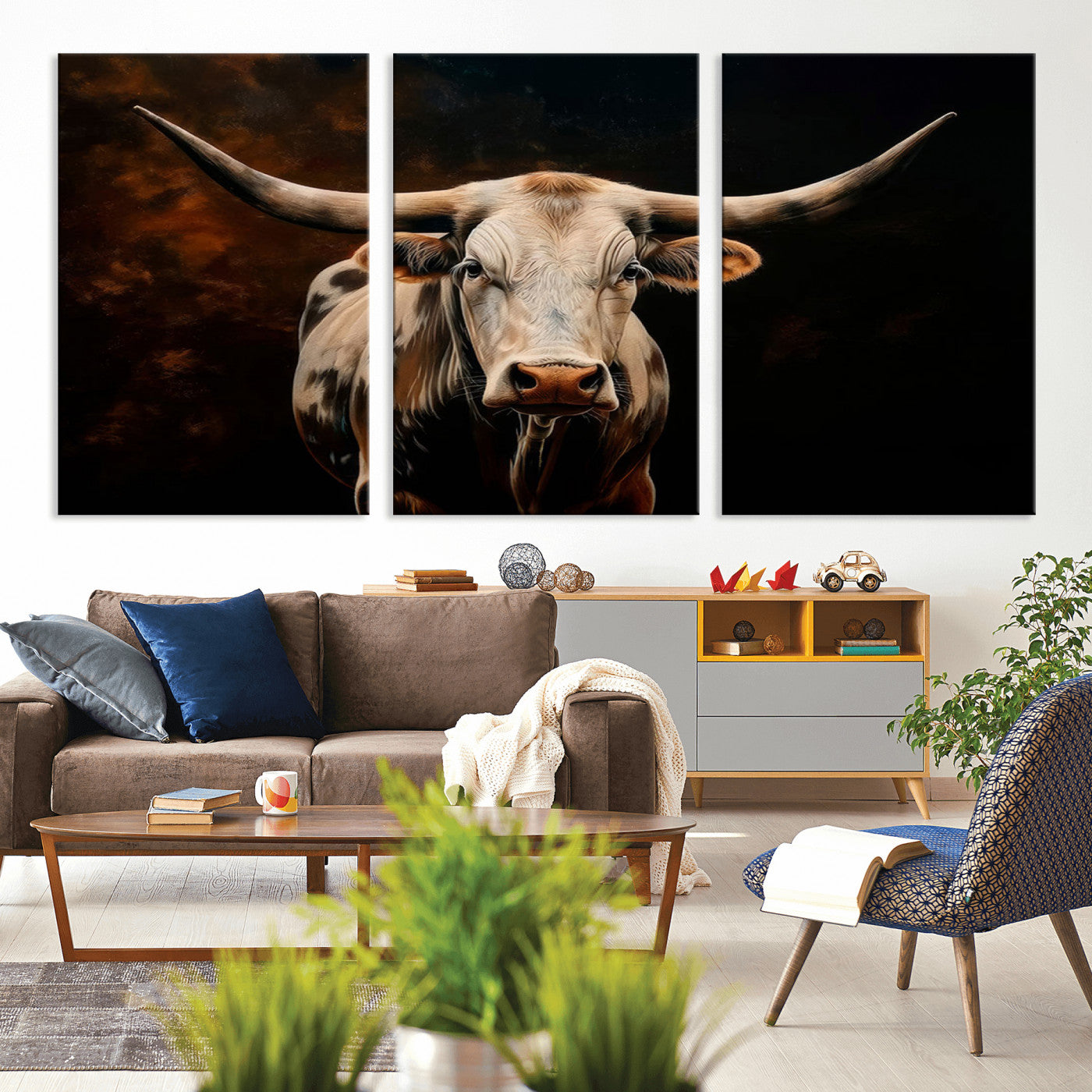 MGV-CV-60X30-3P - Texas Longhorn Wall Art | 3-Panel Large Texas Longhorn Canvas Print for Living Room, Office, or Farmhouse Decor | Framed Giclee Longhorn Wall Art