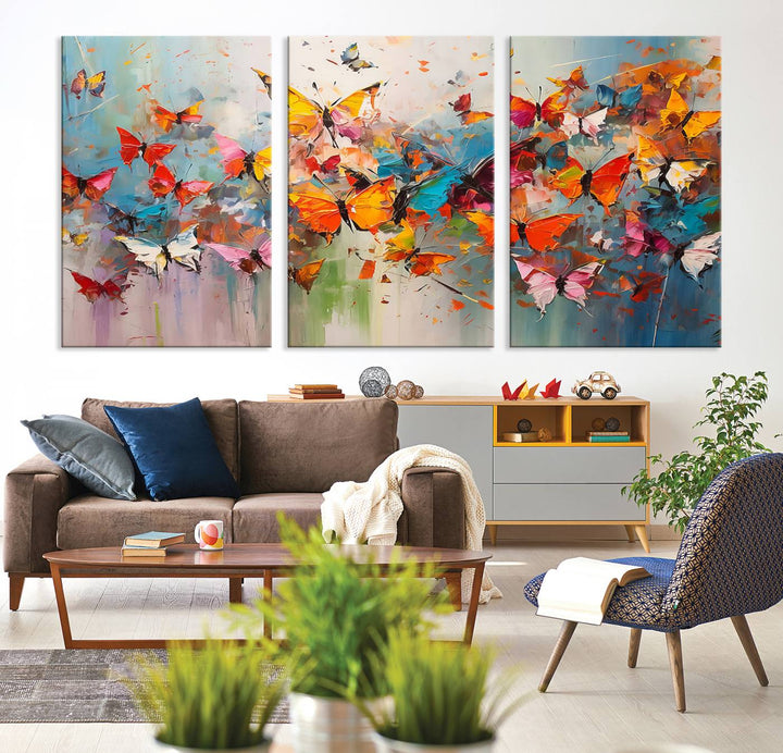 The Abstract Butterfly Wall Art Canvas Print hangs prominently, adding a touch of elegance and creativity to the room.