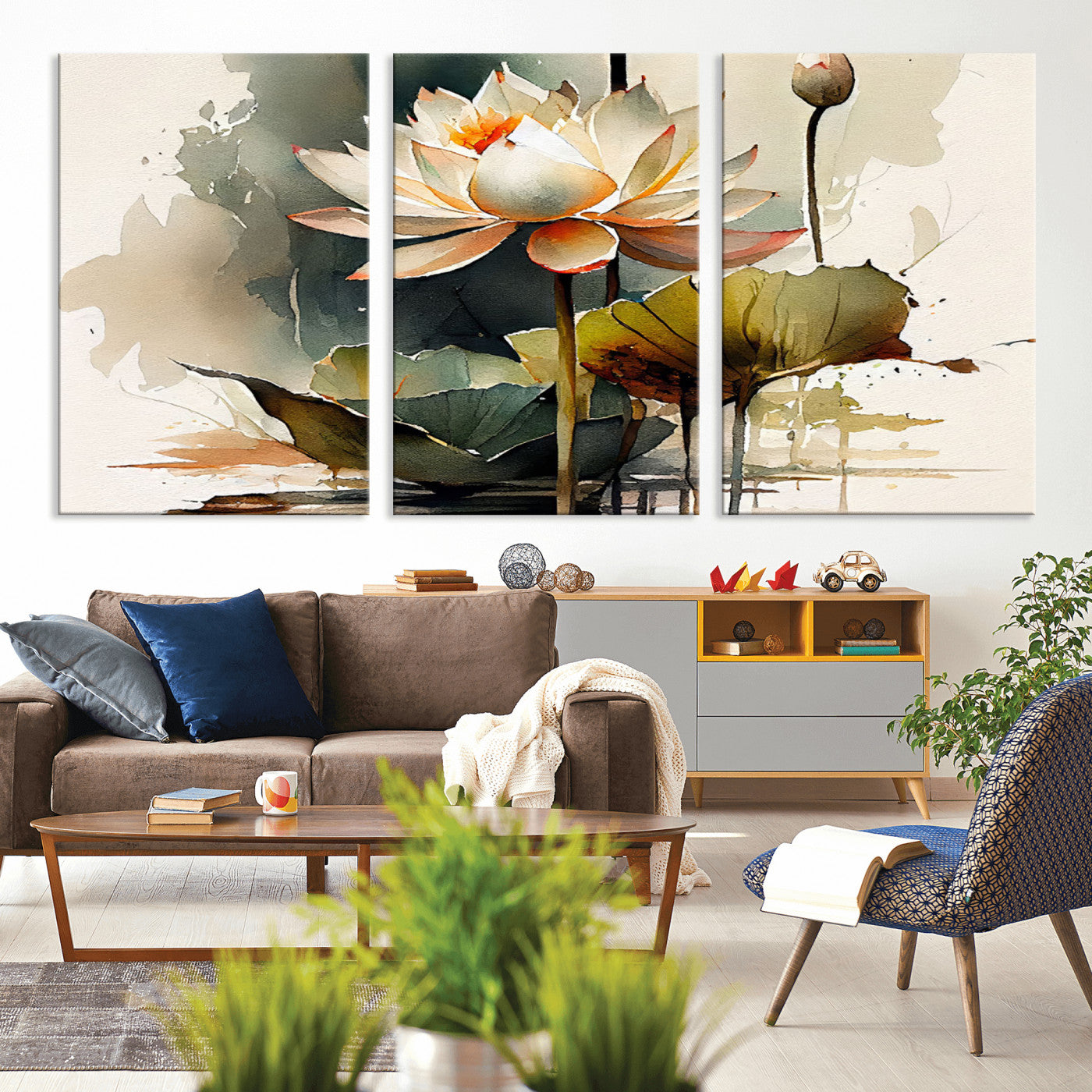 MGV-CV-60X30-3P - Lotus Flower Watercolor Canvas Print – A Symbol of Serenity and Growth, Captured in Soft Watercolors – Contemporary Wall Art for Tranquil Spaces