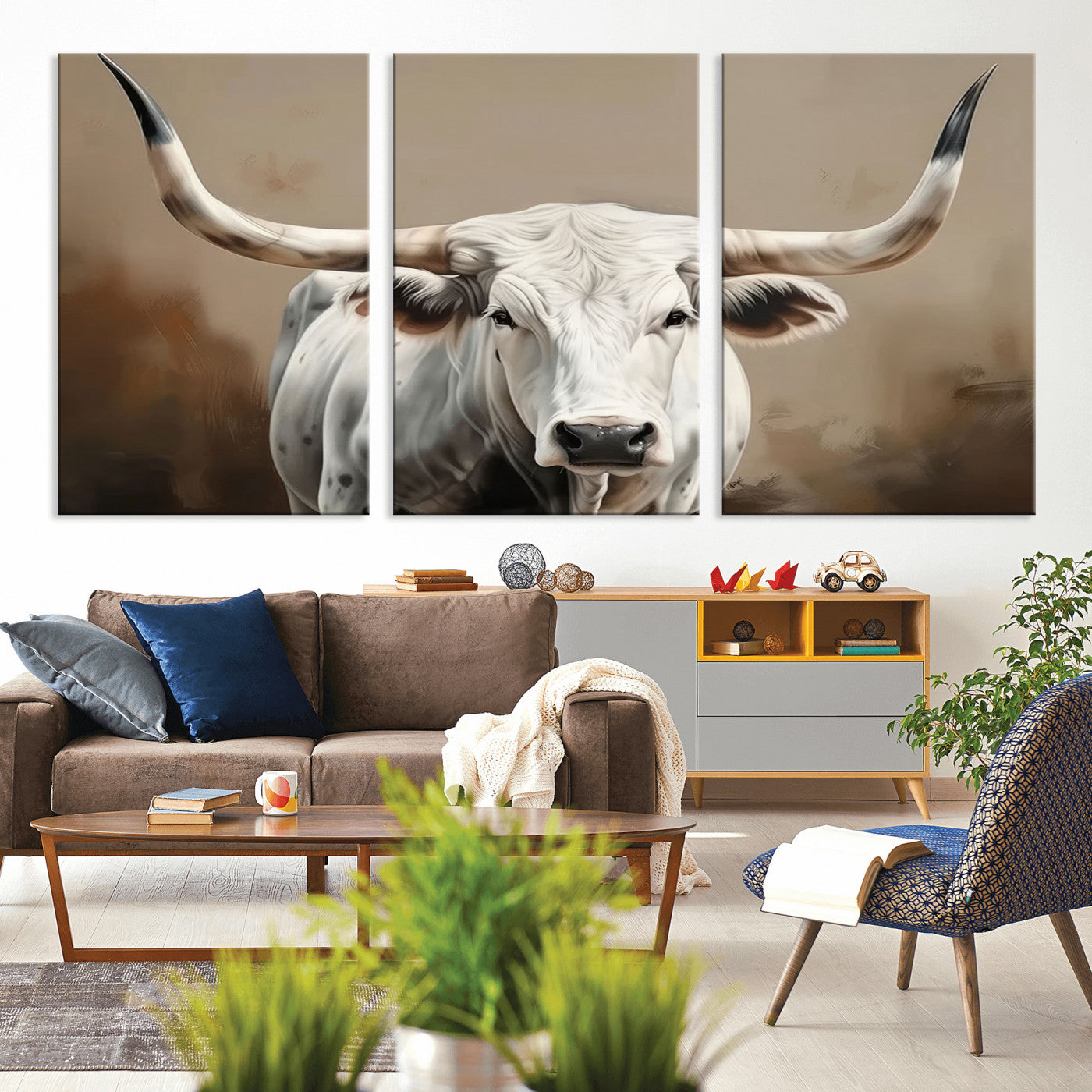 -White Longhorn Bull Wall Art Canvas Print – Framed and Ready to Hang – Perfect for Farmhouse and