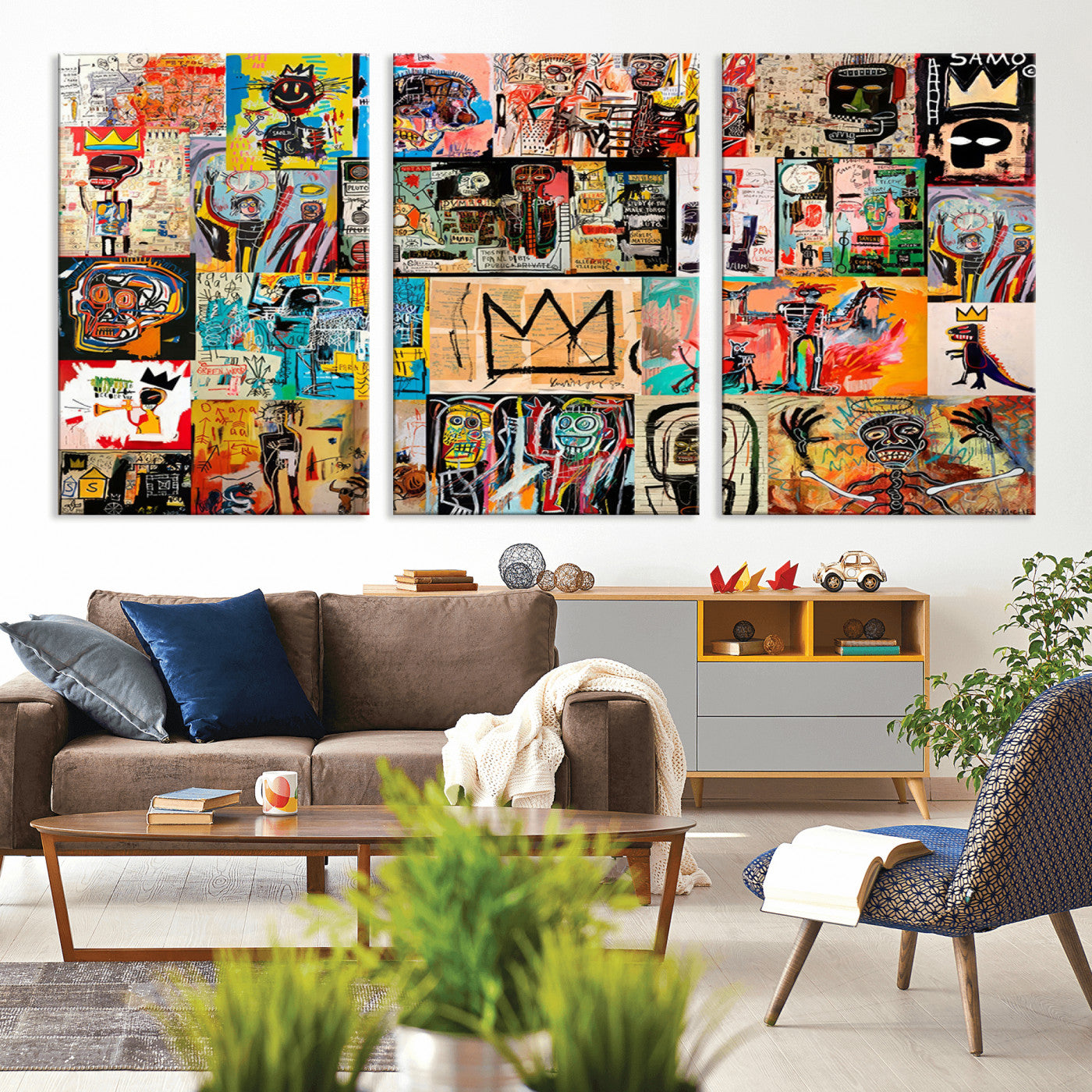 MGV-CV-60X30-3P - Basquiat Art Collage Wall Art Canvas Print – Framed, Ready to Hang, Urban Graffiti Style