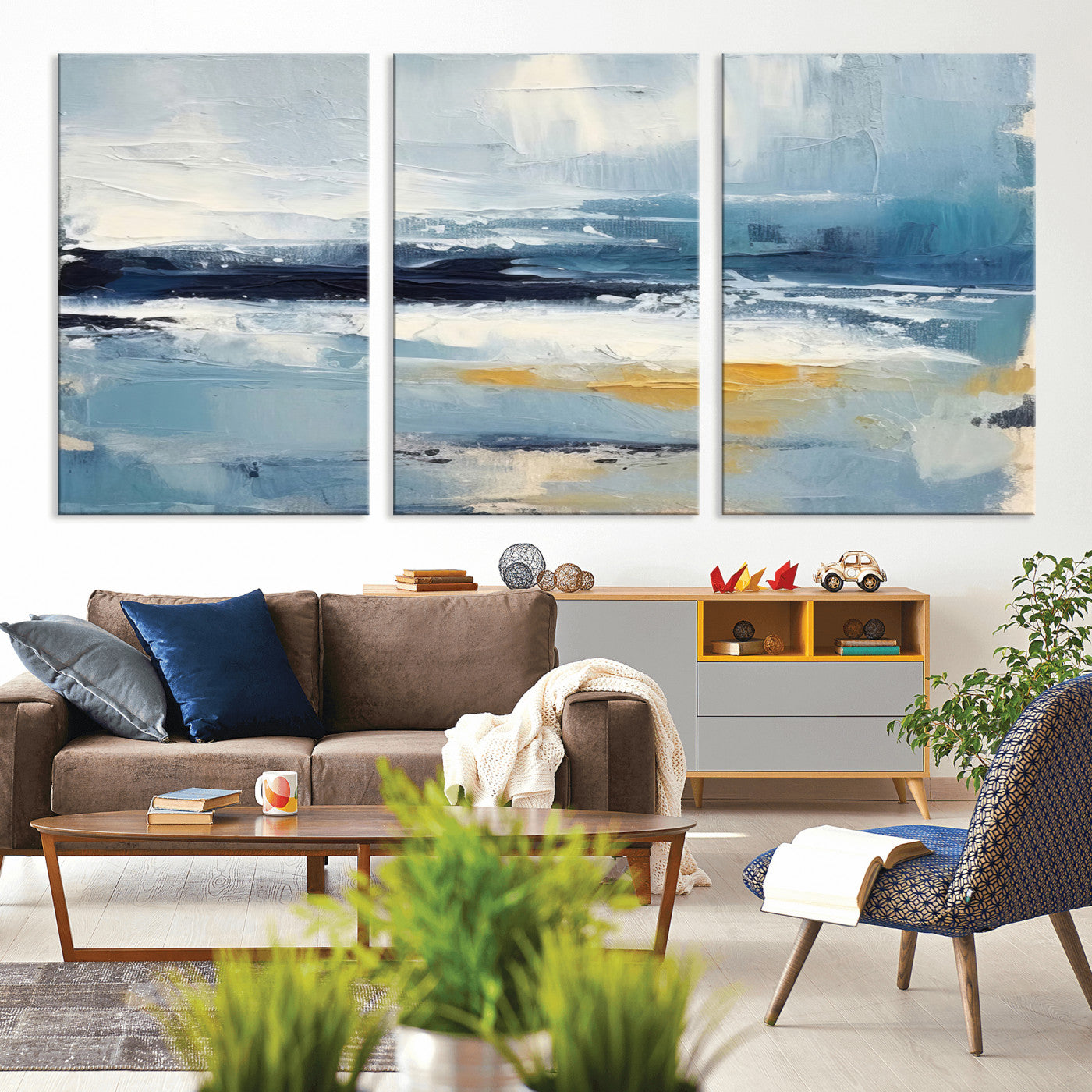 MGV-CV-60X30-3P - Abstract Ocean Canvas Wall Art - Coastal Blue and Gold Textured Painting, Modern Seascape Decor for Living Room Decor