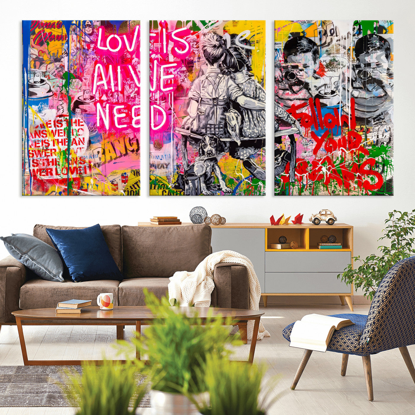 MGV-CV-60X30-3P - Follow Your Dreams & Love is All We Need Graffiti Street Art Triptych | 3-Panel Colorful Urban Wall Art for Living Room, Office, Loft Graffiti Wall Art Print