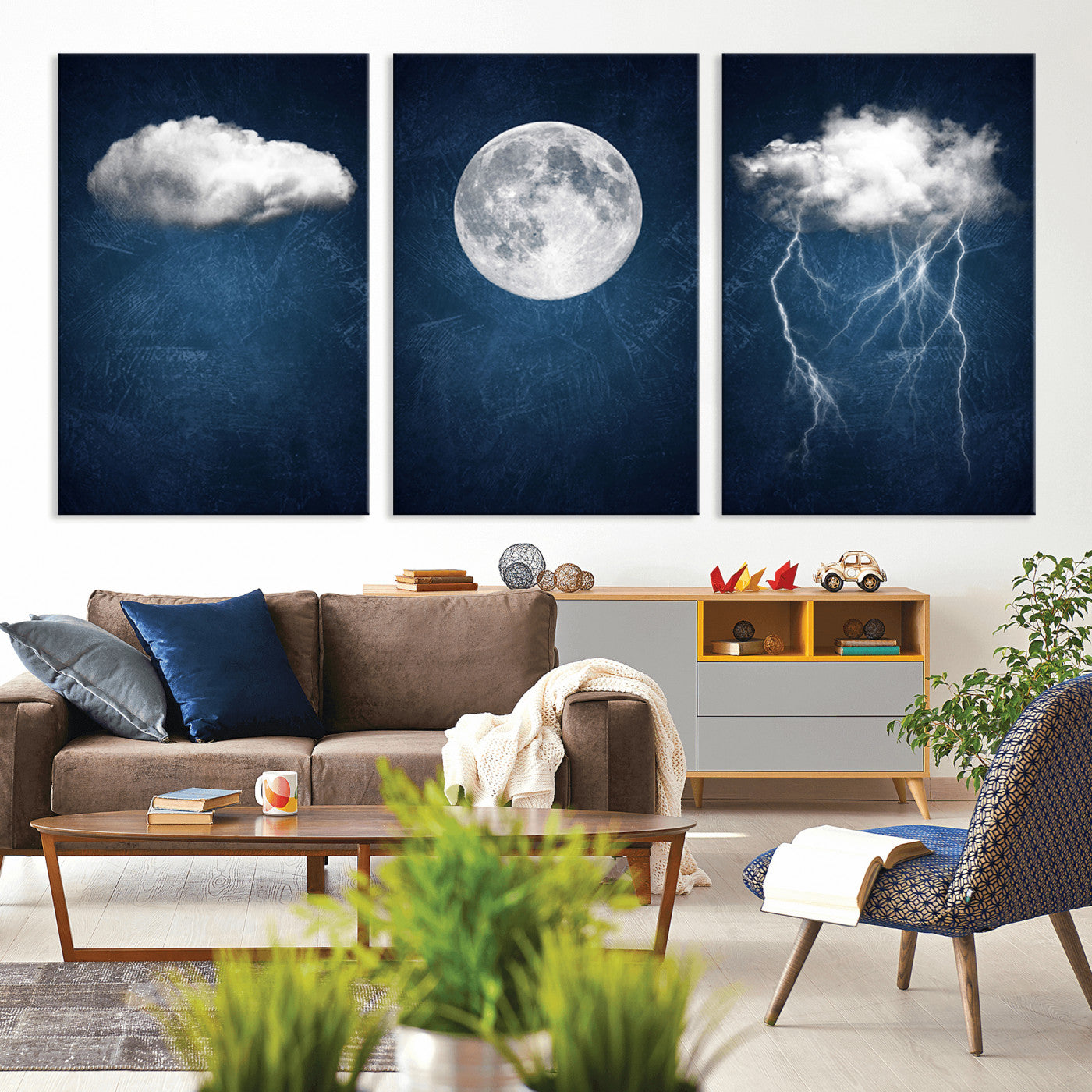 -Dark Blue Cloud Art, 3 Piece Indigo Blue Wall Art, Aesthetic Surreal Art, Thunderstorm Moon Cloud