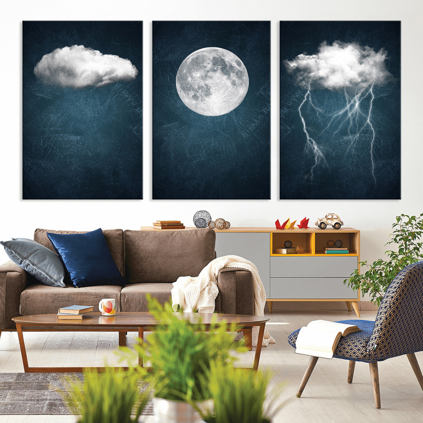 -3 Piece Indigo Cloud Wall Art, Thunderstorm Moon Cloud Artworks