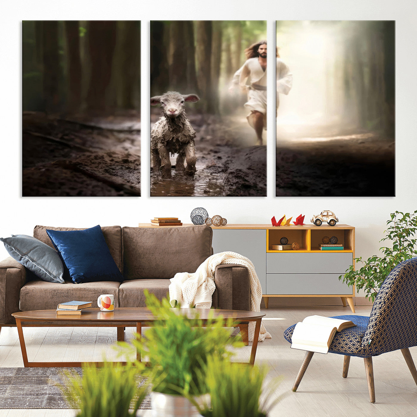 MGV-CV-60X30-3P - Jesus Canvas Wall Art - Jesus Running After Lost Lamb, Jesus, Christian Home Decor - Church Wall Art