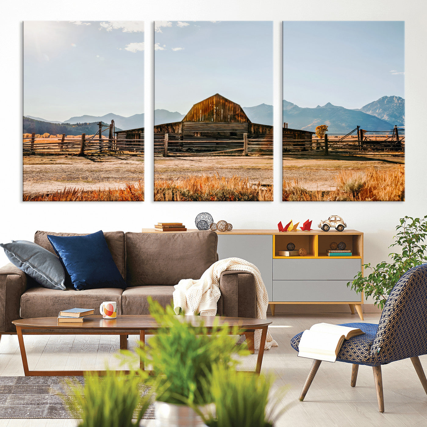 MGV-CV-60X30-3P - Vintage Old Barn Field Wall Art Canvas Print for Farmhouse Decor - Rustic Barn Wall Art Canvas Print