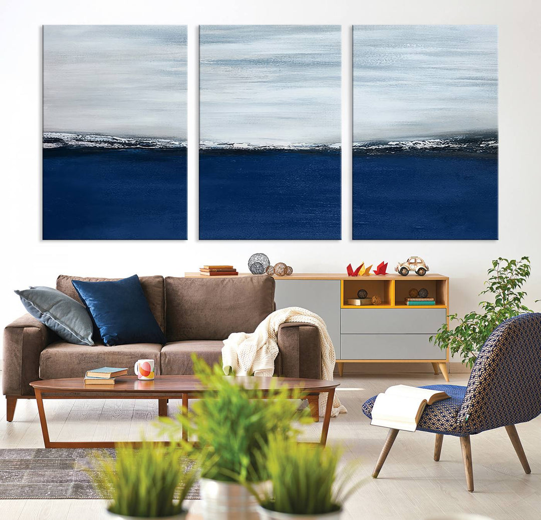 A Navy Blue Abstract Wall Art Canvas Print is displayed above the backsplash.