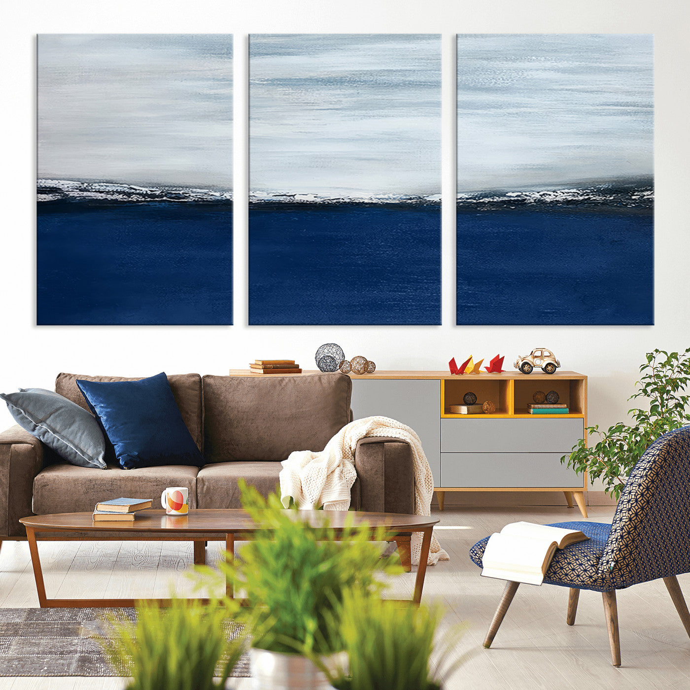MGV-CV-60X30-3P - Navy Blue Abstract Wall Art Canvas Print