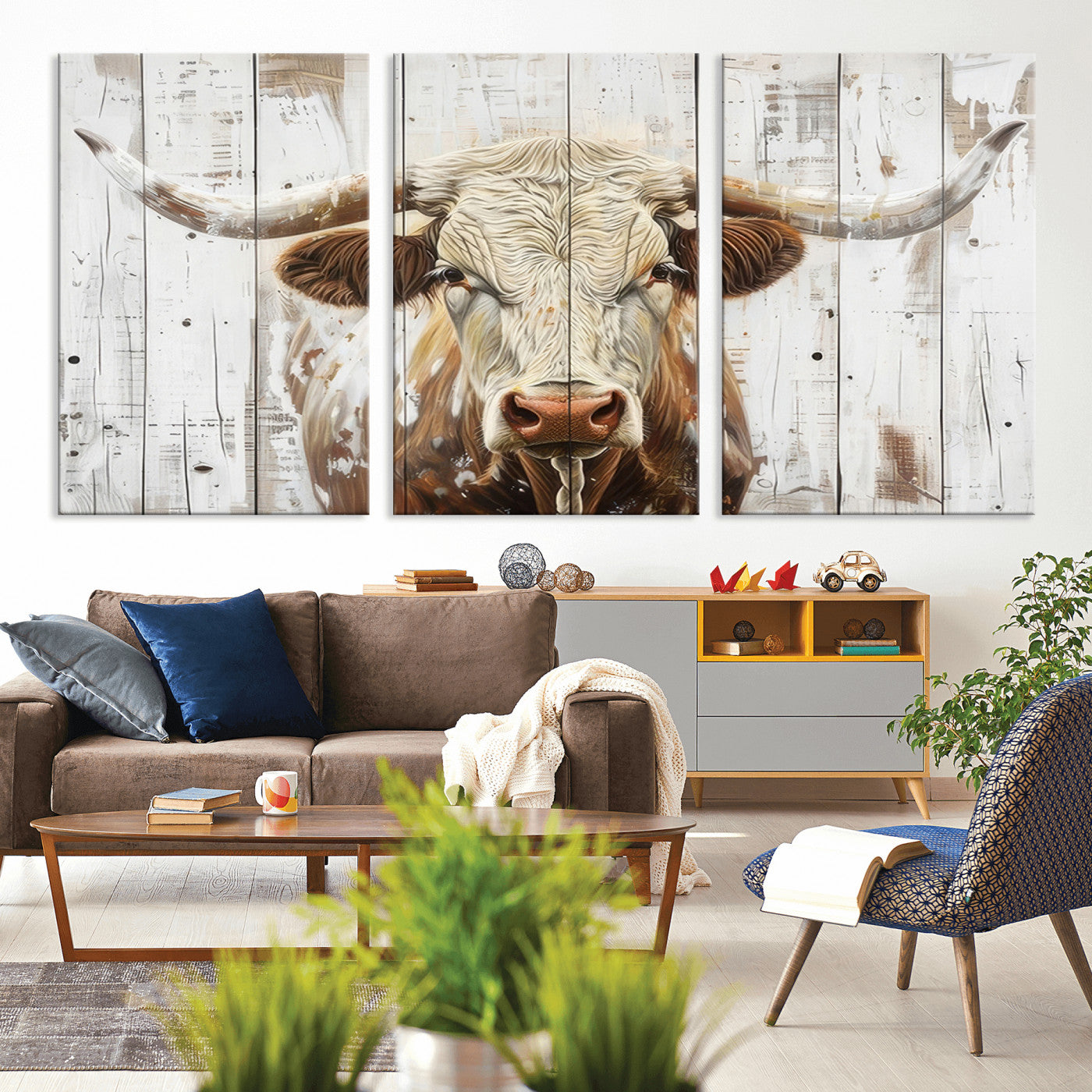 -Rustic Longhorn Bull Wall Art Canvas Set – Western-Inspired Farmhouse Décor - Ready to Hang