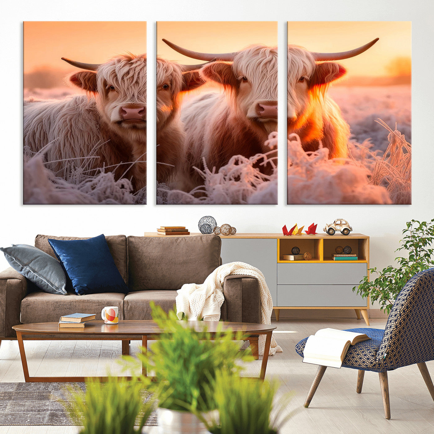 -Highland Cows at Sunrise Wall Art Canvas Set – Serene and Rustic Farmhouse Decor