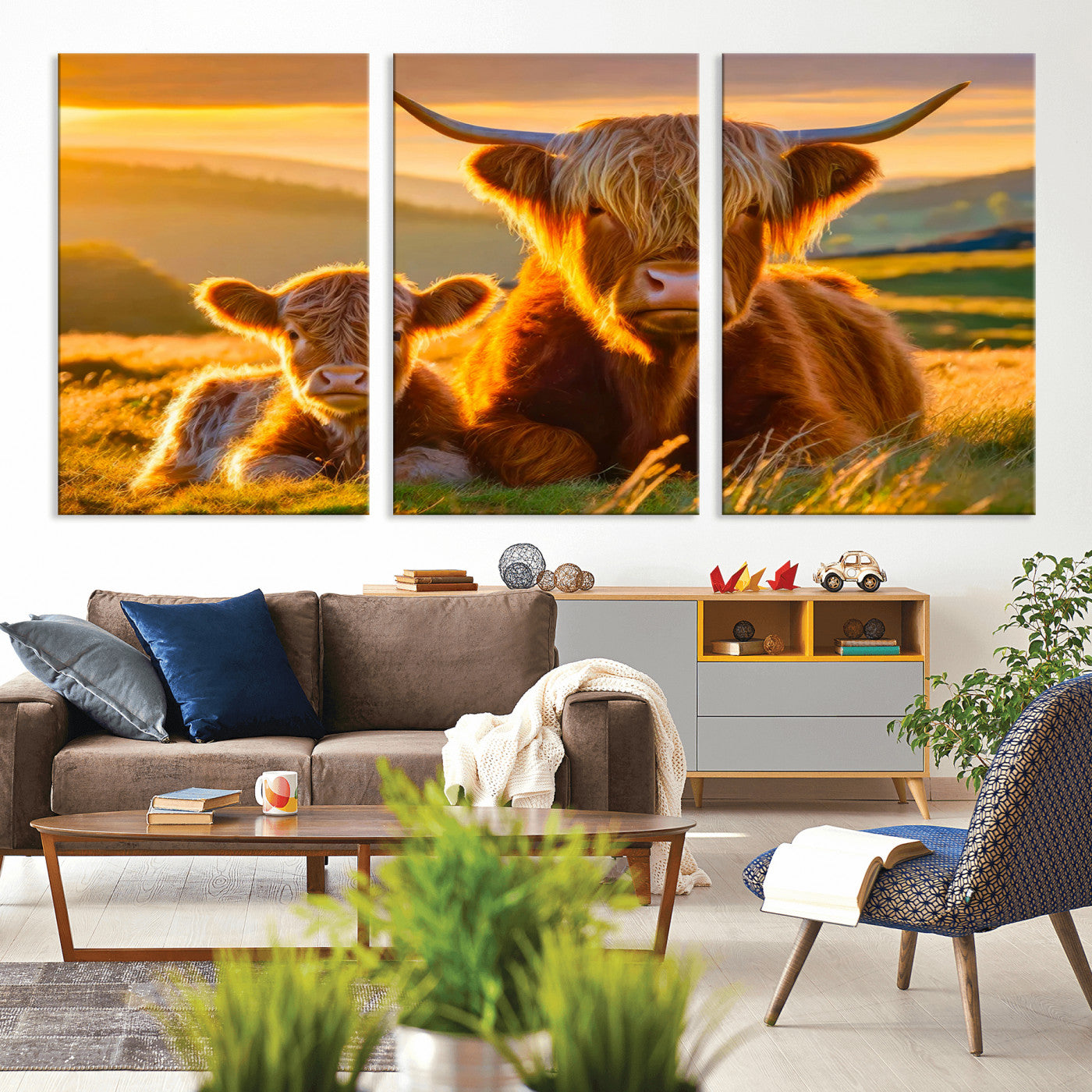 -Scottish Cow and Baby Cow Canvas Wall Art Animal Print Fluffy Cattle Framed Farmhouse Decor